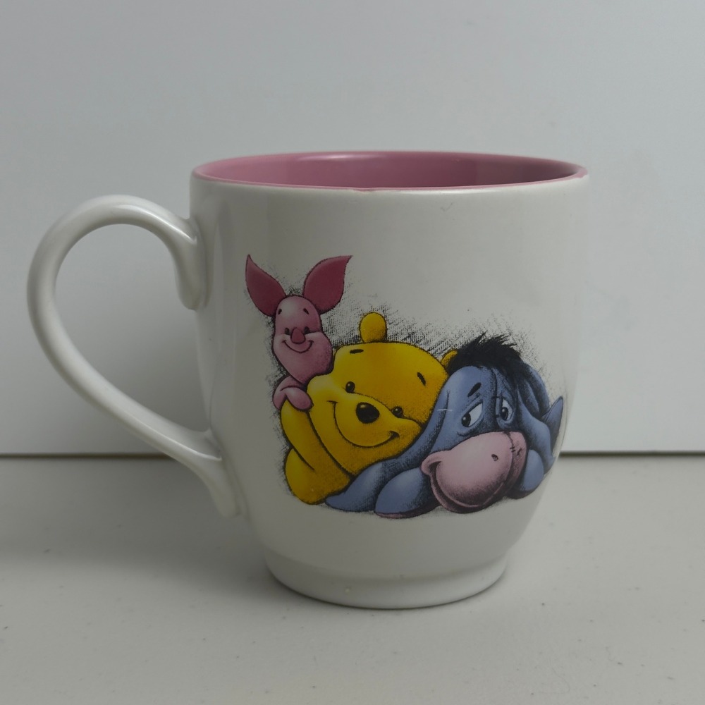 Disney Store Coffee Mug Winnie the Pooh Eeyore Piglet Pink Interior White Cup
